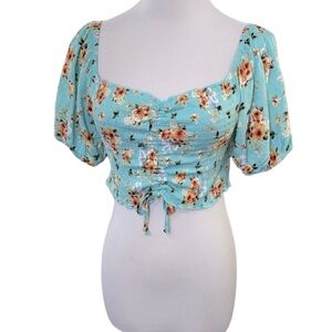 Revamped Aqua Floral Print Short Sleeve Crop Top